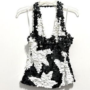 Citrine Women’s Chic Boutique Black and White Sequin Halter Top